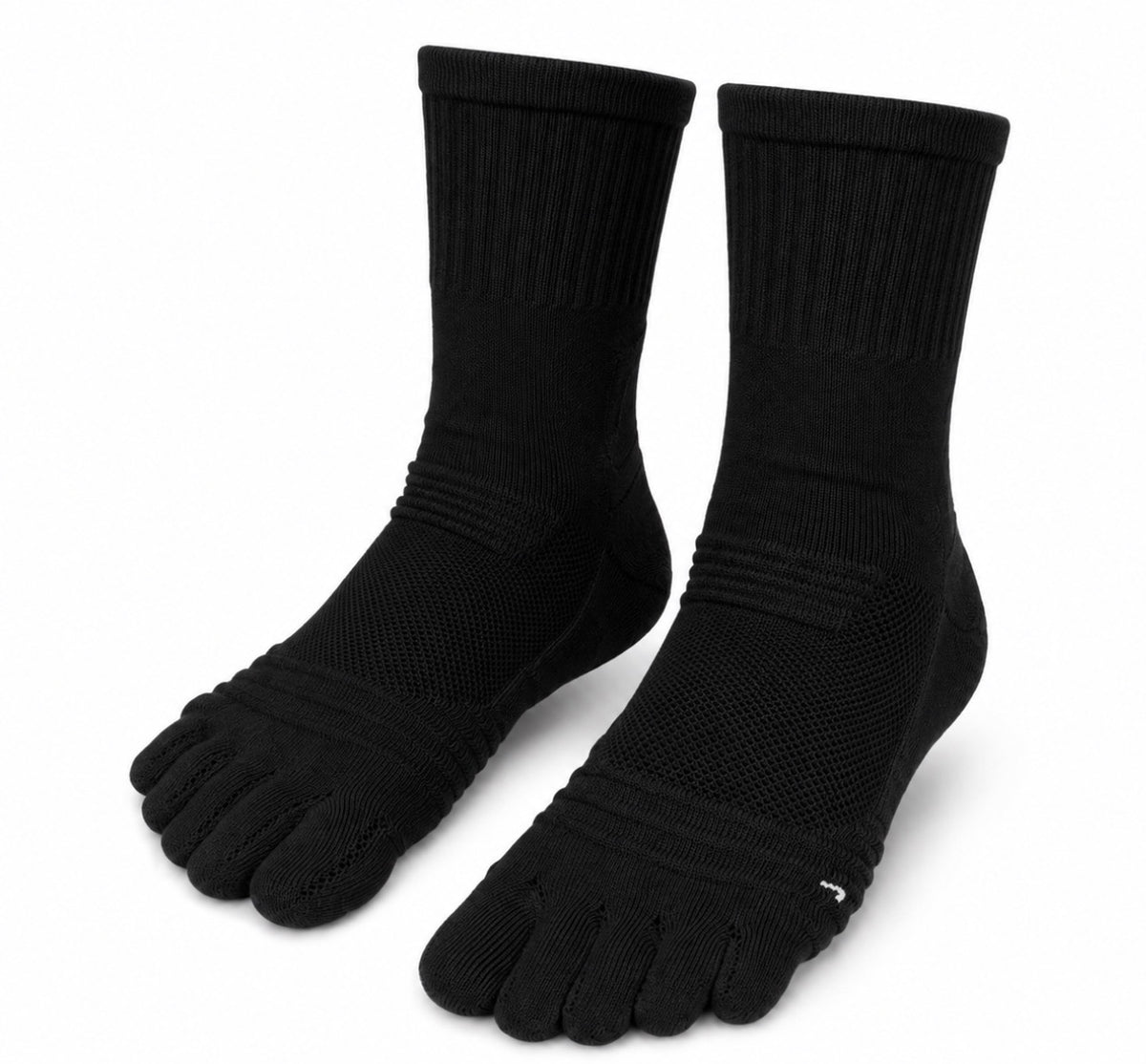 Pair of 1st ERA Black Katt Performance Toe Socks with five-toe separation and crew design, front view