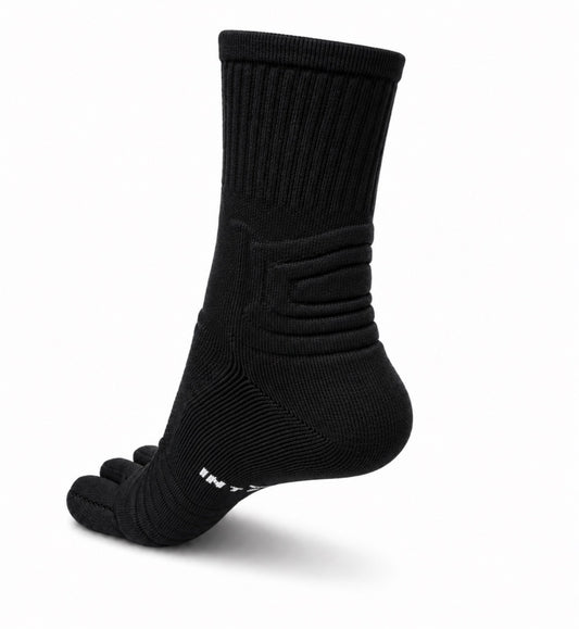 1st ERA Black Katt Performance Toe Sock with five-toe separation and crew design, rear side view